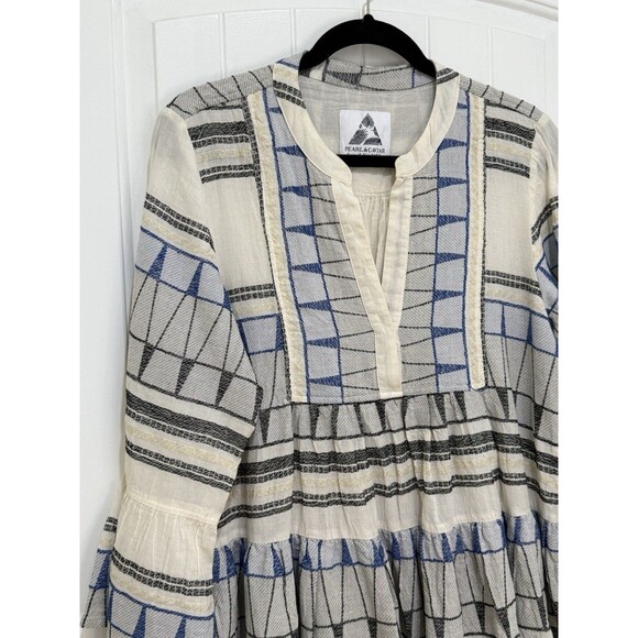 Pearl & Caviar Embroidered Knee Length Dress Blue Tiered Pleated  M/L Greece - Picture 2 of 11